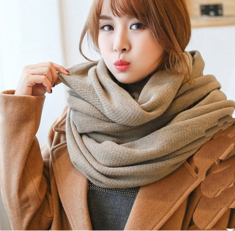 Wander Agio Womens Warm Long Shawl Winter Upset Large Scarf Pure Color Khaki - Image 2