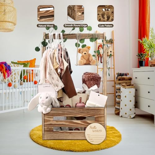 TAEYONK Wooden Baby Shower Crate Closet, Baby Shower Basket with 33.5" High Hanger Rack and Swing, DIY Baby Welcome Box with Handle, Easy Assembly Storage Crate for Pregnancy New Parent（Footprint Style） - Image 2