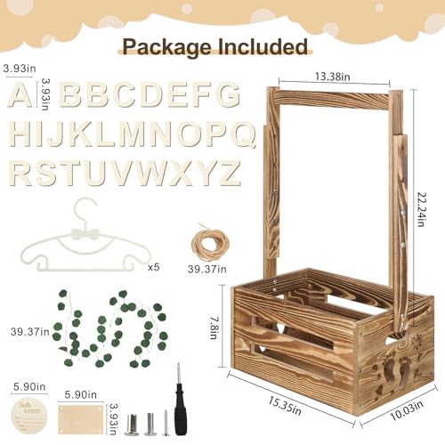 TAEYONK Wooden Baby Shower Crate Closet, Baby Shower Basket with 33.5" High Hanger Rack and Swing, DIY Baby Welcome Box with Handle, Easy Assembly Storage Crate for Pregnancy New Parent（Footprint Style） - Image 4