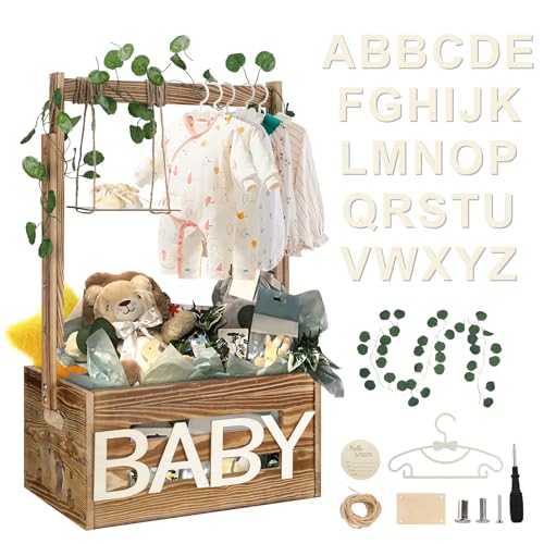 TAEYONK Wooden Baby Shower Crate Closet, Baby Shower Basket with 33.5" High Hanger Rack and Swing, DIY Baby Welcome Box with Handle, Easy Assembly Storage Crate for Pregnancy New Parent（Footprint Style） - Image 1