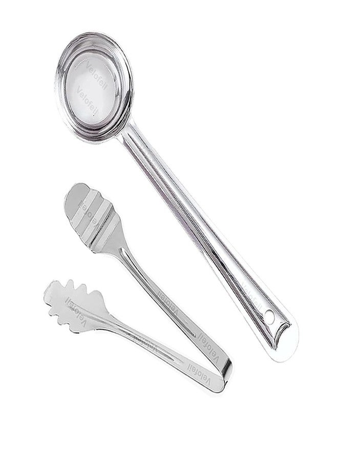 Velofeil Set of 2 Stainless Steel Kitchen Tools, 18.7CM Tong for Frying & Serving & 31.5CM Laddle, Cooking Tools Suitable for Rice, Biryani, Pulav, Sabji, Kheer, Dal, Soup, Solid & Semi Liquid Item - Image 1