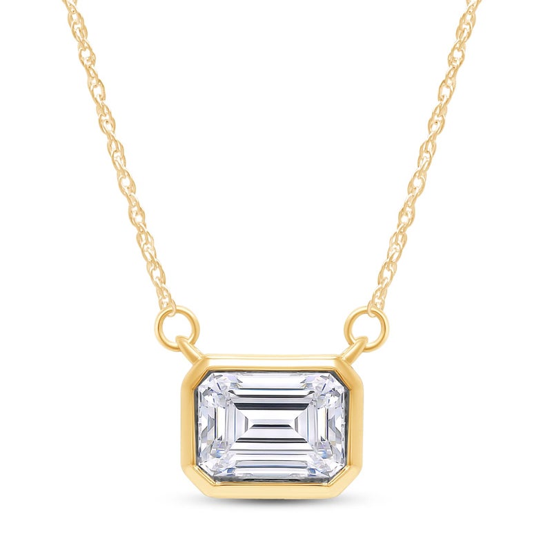 SAVEARTH DIAMONDS 1.5 CT D Color Moissanite Pendant Necklace For Women D Color VVS1 Emerald Cut Bezel Set Lab Created Diamond 18K Yellow Gold Plated Silver Necklace Along with 18" Chain - Image 1