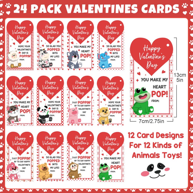 Qinline Valentines Day Gifts For Kids - 24 Pack 3D Animal Suction Toy Fidget Pop Toy With Gift Cards For Kids Boys Girls  Bulk Valentine Party Favors School Classroom Gifts Prizes Exchange Goodie Bags - Image 3