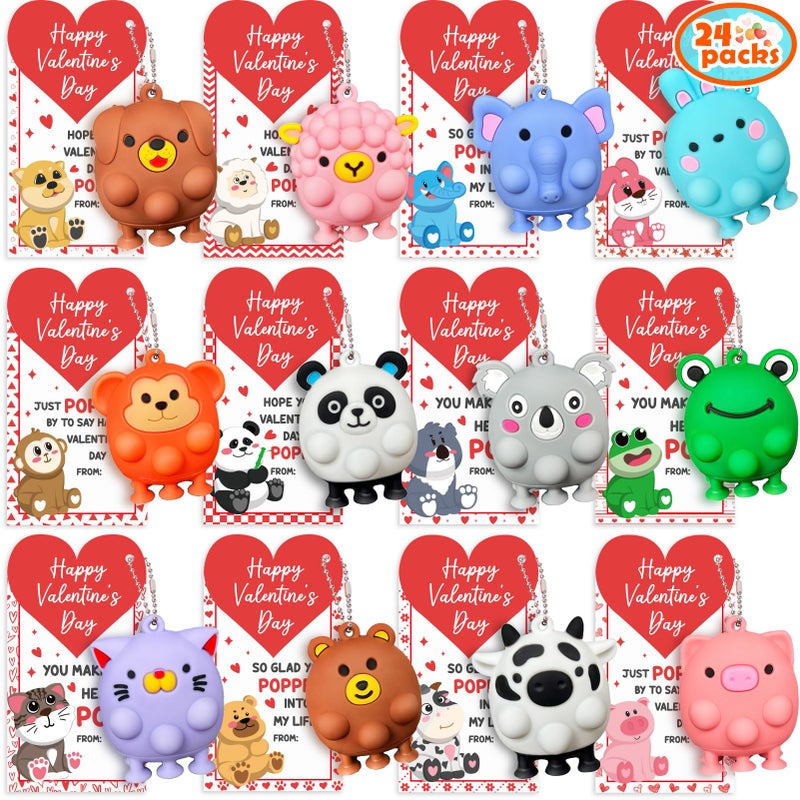 Qinline Valentines Day Gifts For Kids - 24 Pack 3D Animal Suction Toy Fidget Pop Toy With Gift Cards For Kids Boys Girls  Bulk Valentine Party Favors School Classroom Gifts Prizes Exchange Goodie Bags - Image 1