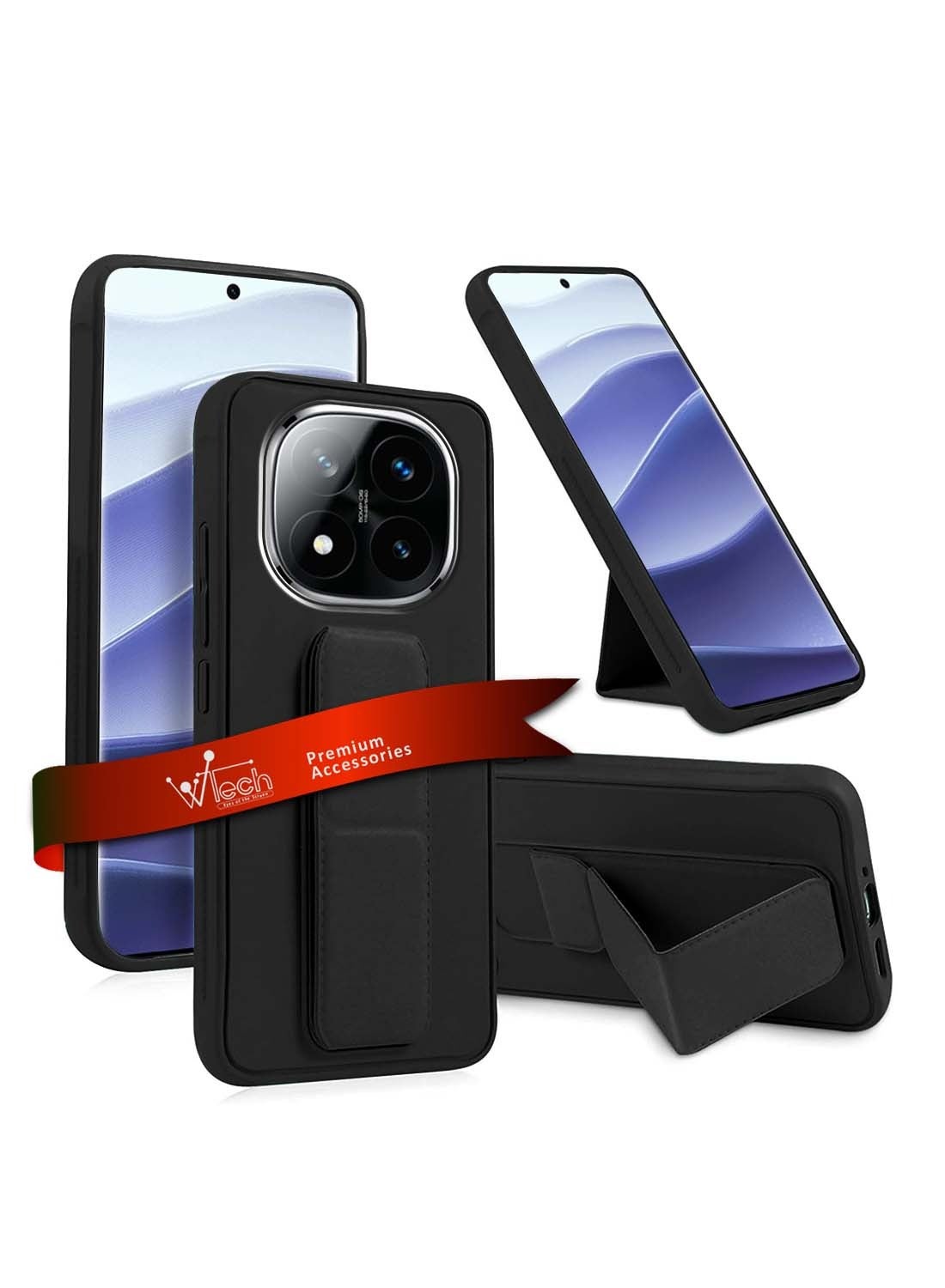 Wtech Xiaomi Redmi Note 14 Pro+ / Redmi Note 14 Pro Plus 5G 2024 Hand Grip Foldable Magnetic Kickstand Wrist Strap Finger Grip with Built-in Iron Case Cover - Black