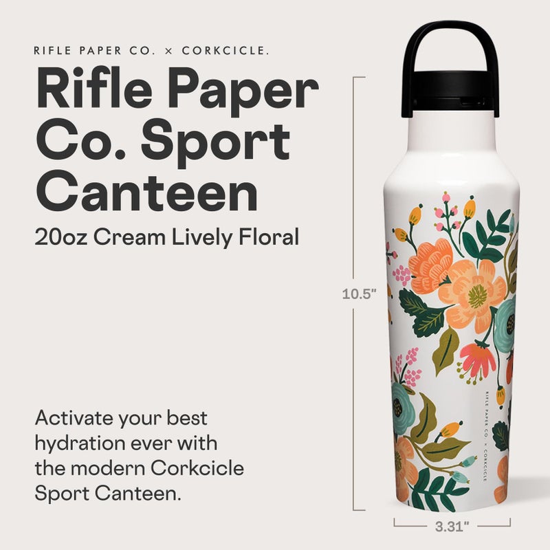 Corkcicle x Rifle Paper Sport Canteen - Keeps Drinks Cold 25 Hours - Stainless Steel - Triple-Insulated - Spill-Proof - Gift for Mom - Great for Mother's Day or Christmas - 20 oz - Cream Lively Flora - Image 2