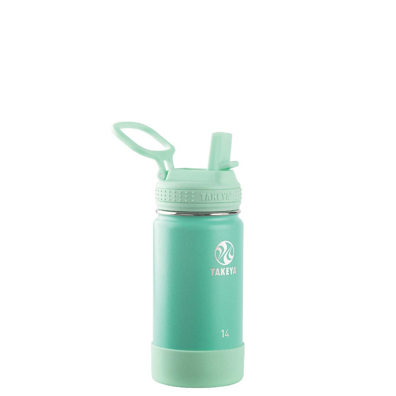 Takeya Actives Kids Water Bottle with Straw Lid  StainlessSteel Double Wall Insulation  BPAFree Bottle Lid with Carry Handle  Reusable Bottle  Straw Lid  14 oz Seafoam