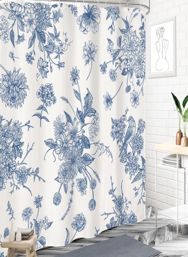 LIGHTINHOME Blue Floral Shower Curtain 72Wx72H Inches,Boho Vintage Navy and White Flowers Bathroom Curtains,Decorative Bird Farmhouse Shower Curtain Set,Chinoiserie Aesthetic Bathroom Decor with Hooks - Image 3