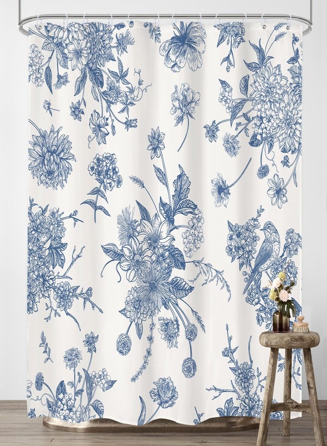 LIGHTINHOME Blue Floral Shower Curtain 72Wx72H Inches,Boho Vintage Navy and White Flowers Bathroom Curtains,Decorative Bird Farmhouse Shower Curtain Set,Chinoiserie Aesthetic Bathroom Decor with Hooks - Image 2