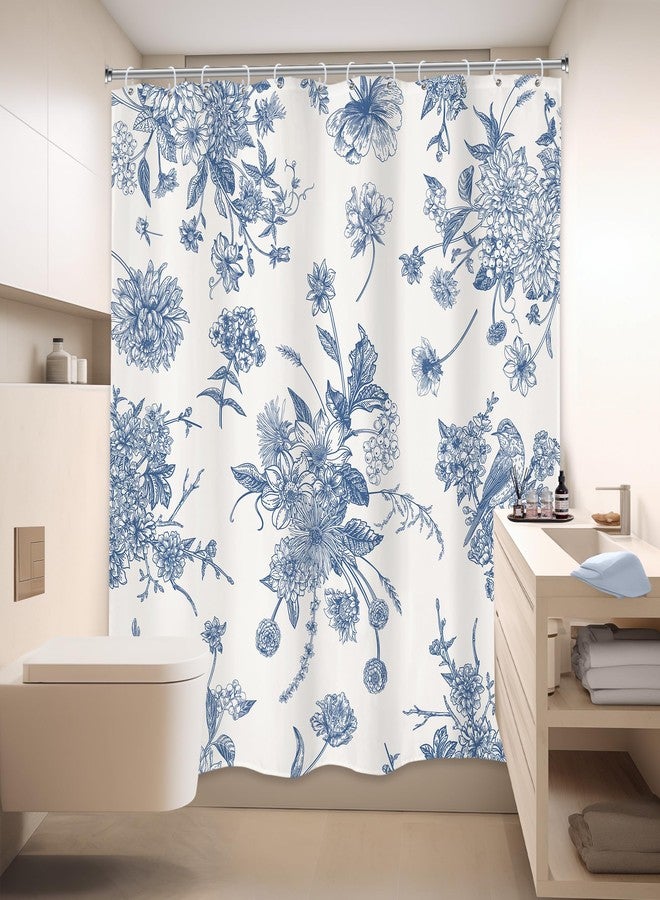 LIGHTINHOME Blue Floral Shower Curtain 72Wx72H Inches,Boho Vintage Navy and White Flowers Bathroom Curtains,Decorative Bird Farmhouse Shower Curtain Set,Chinoiserie Aesthetic Bathroom Decor with Hooks - Image 4