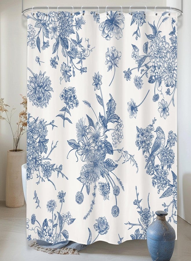 LIGHTINHOME Blue Floral Shower Curtain 72Wx72H Inches,Boho Vintage Navy and White Flowers Bathroom Curtains,Decorative Bird Farmhouse Shower Curtain Set,Chinoiserie Aesthetic Bathroom Decor with Hooks - Image 1