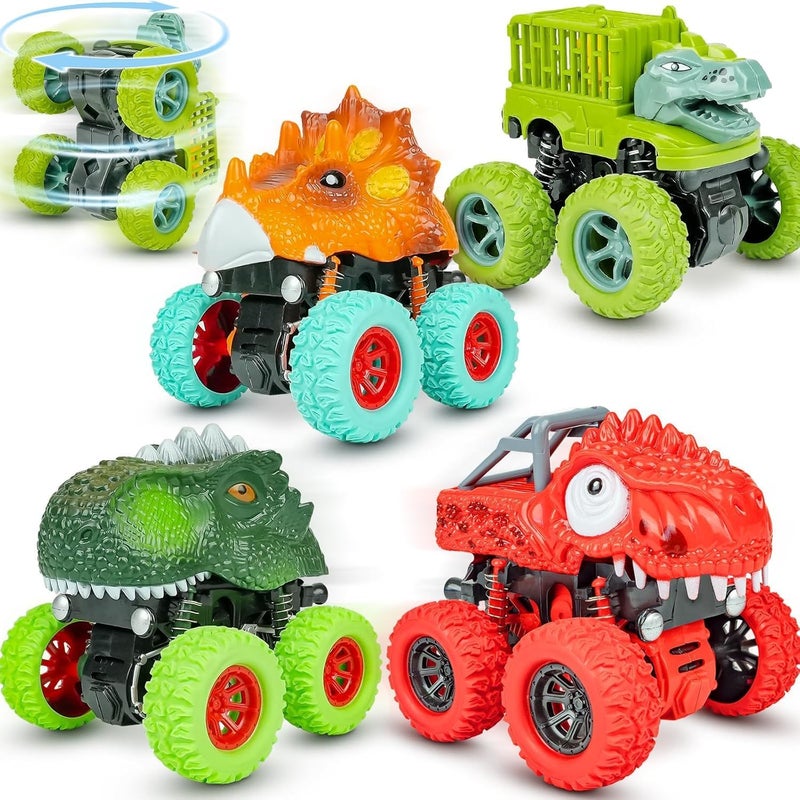 SCIENISH 4 Pack Dinosaur Monster Truck Toys - Friction Powered Educational Cars for Kids - Image 1