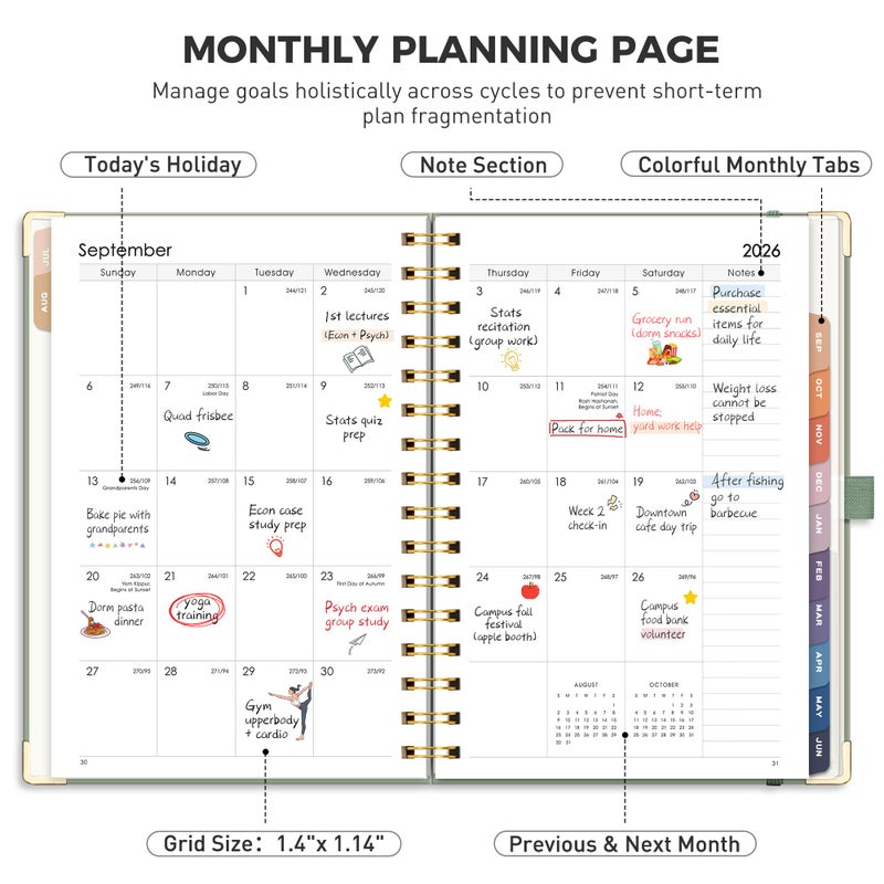 RETTACY Academic Planner 2026-2027, Weekly and Monthly, July 2026 - June 2027, Medium Size (5.7" x 8.3"), Calendar, Agenda, 12-Month Tabs, Hardcover, for Student, Teacher, School (Light Green) - Image 3