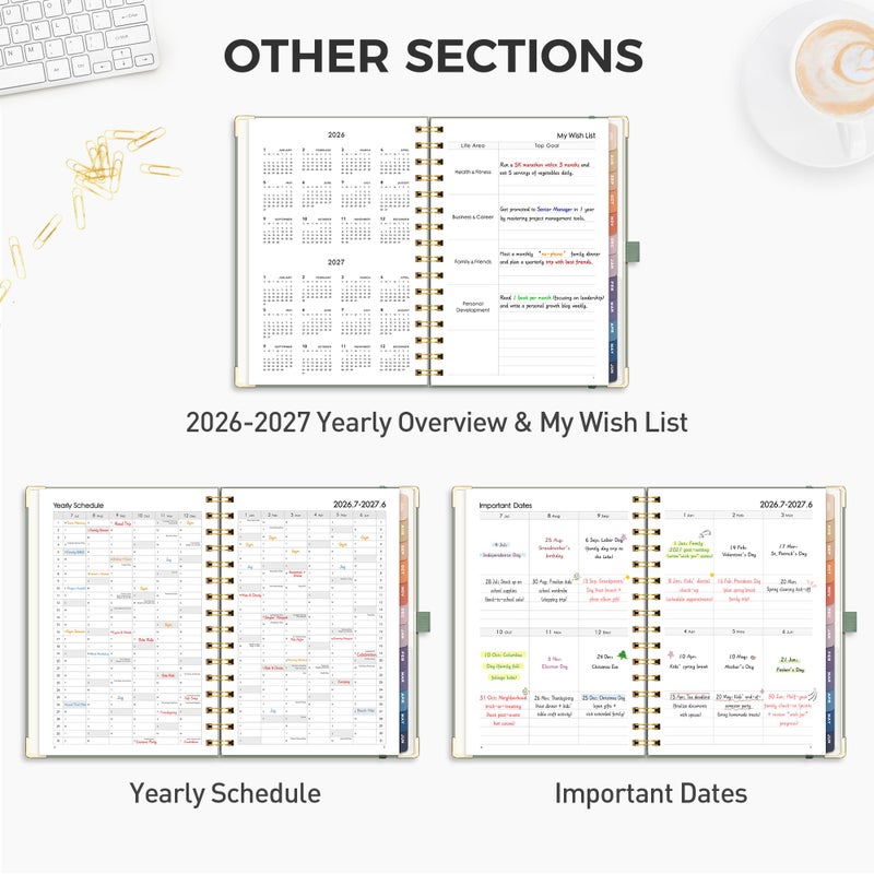 RETTACY Academic Planner 2026-2027, Weekly and Monthly, July 2026 - June 2027, Medium Size (5.7" x 8.3"), Calendar, Agenda, 12-Month Tabs, Hardcover, for Student, Teacher, School (Light Green) - Image 4