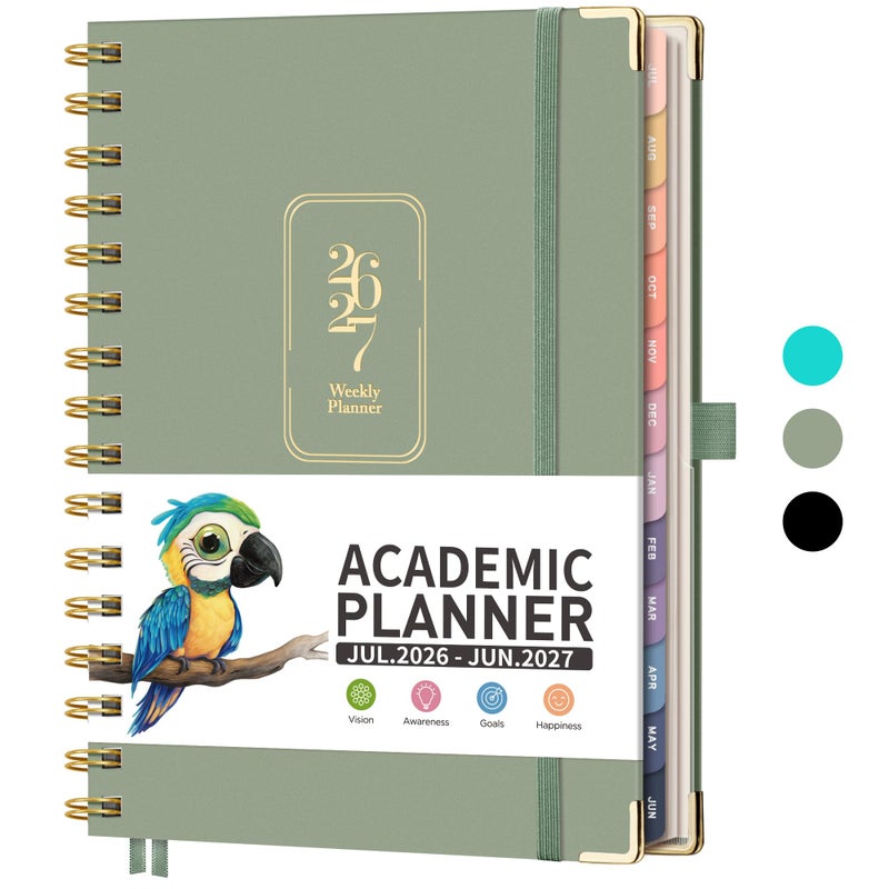 RETTACY Academic Planner 2026-2027, Weekly and Monthly, July 2026 - June 2027, Medium Size (5.7" x 8.3"), Calendar, Agenda, 12-Month Tabs, Hardcover, for Student, Teacher, School (Light Green) - Image 1