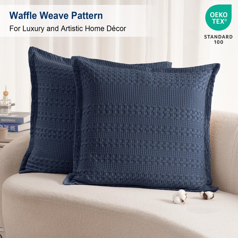 Phf 100% Cotton Ruffle Waffle Weave Euro Sham Covers  2 Pack 26"" X 26"" Bed Pillow Covers For Elegant Home Decor  No Filling  Luxury Aesthetic Euro Pillow Cases For Bed  Indigo - Image 2