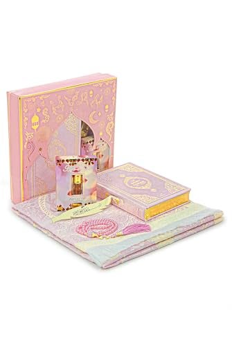 ihvan online Prayer Gift Set for Hajj and Umrah Muslim Prayer Rug Prayer Mat Beads Taasbih Holy Quran Translated French Muslim Praying Mat Islamic Gift Set for Ramadan  Eid Pink