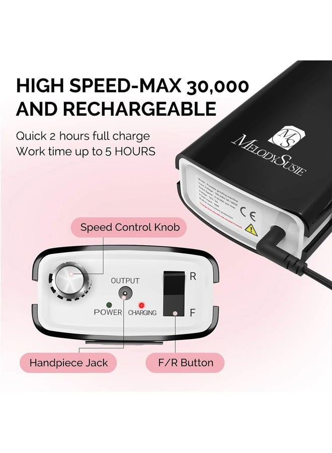MelodySusie Professional Nail Drill - 30000 rpm Rechargeable Portable Nail Drills with 6 Bits and 106 Sanding Bands, Cordless Electric Nail File Machine for Acrylic Gel Nails Shape Carve Polish, Black - Image 2