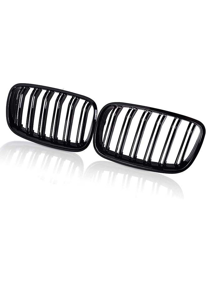 L&E Pair Front Kidney Grille Grill Glossy Black Double Line Dual Slat Fin Compatible with BMW 2007 2008 2009 2010 2011 2012 2013 X5 X5M X6 X6M E70 E71  - Image 1