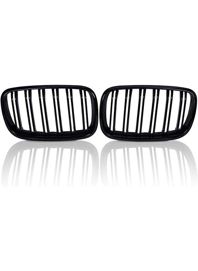 L&E Pair Front Kidney Grille Grill Glossy Black Double Line Dual Slat Fin Compatible with BMW 2007 2008 2009 2010 2011 2012 2013 X5 X5M X6 X6M E70 E71  - Image 2