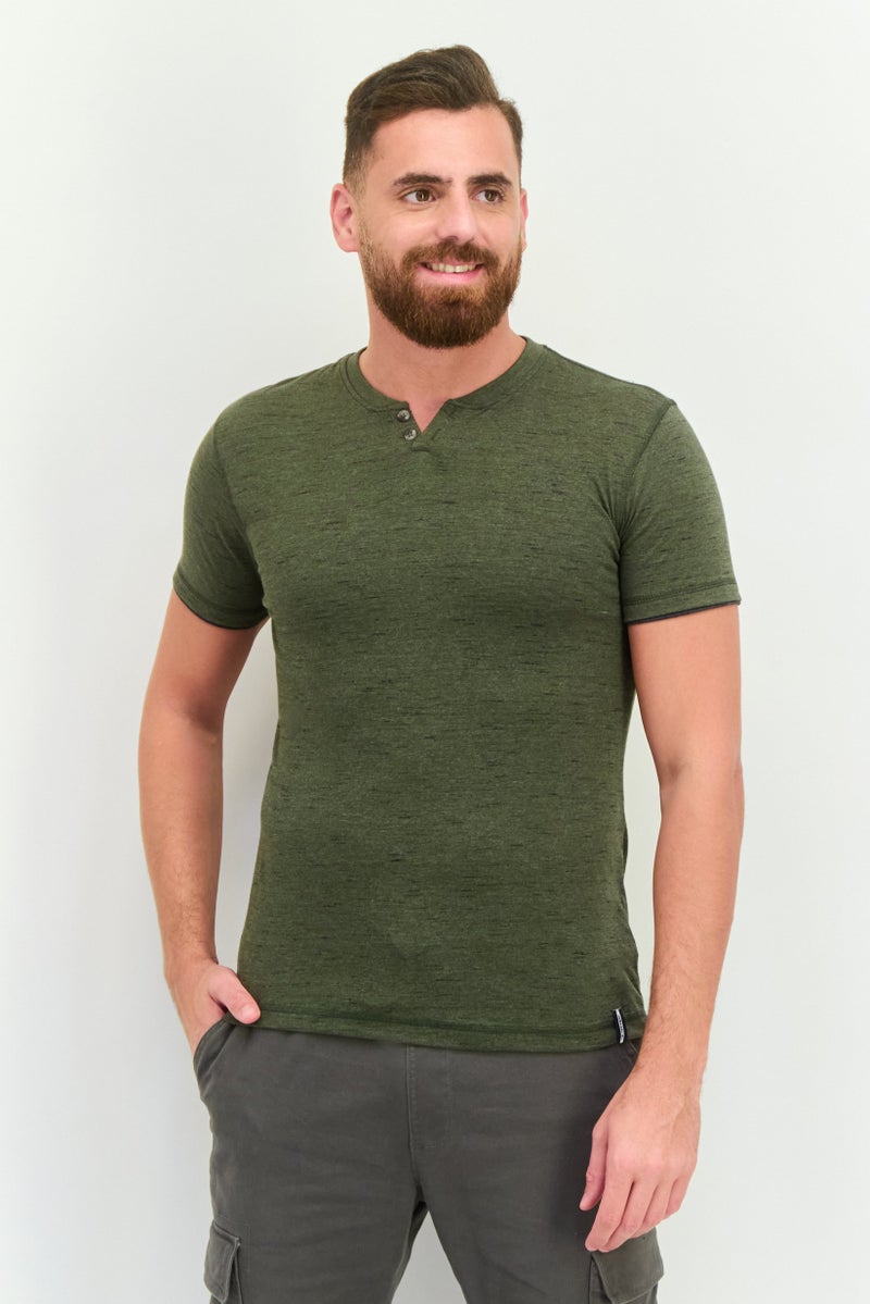 Company Eighty One Men Henley Neck Short Sleeves Heather T-Shirt, Dark Olive  - Image 1