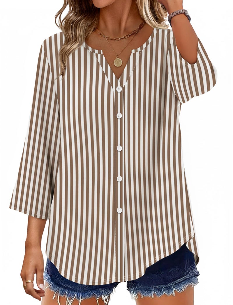 OFEEFAN Shirts for Women Summer Tops 2026 Business Casual Outfits Striped Shirt Women Button Down Shirts Work Shirts 3/4 Length Sleeve Tops Brown XL - Image 1
