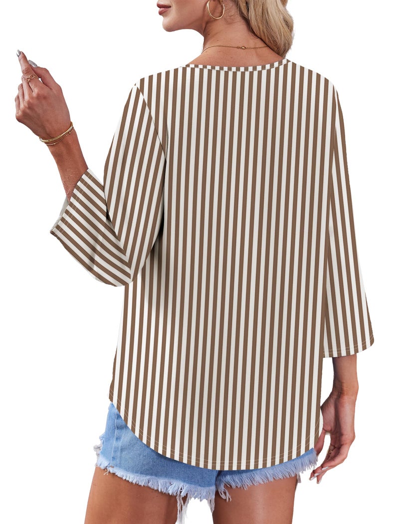 OFEEFAN Shirts for Women Summer Tops 2026 Business Casual Outfits Striped Shirt Women Button Down Shirts Work Shirts 3/4 Length Sleeve Tops Brown XL - Image 5