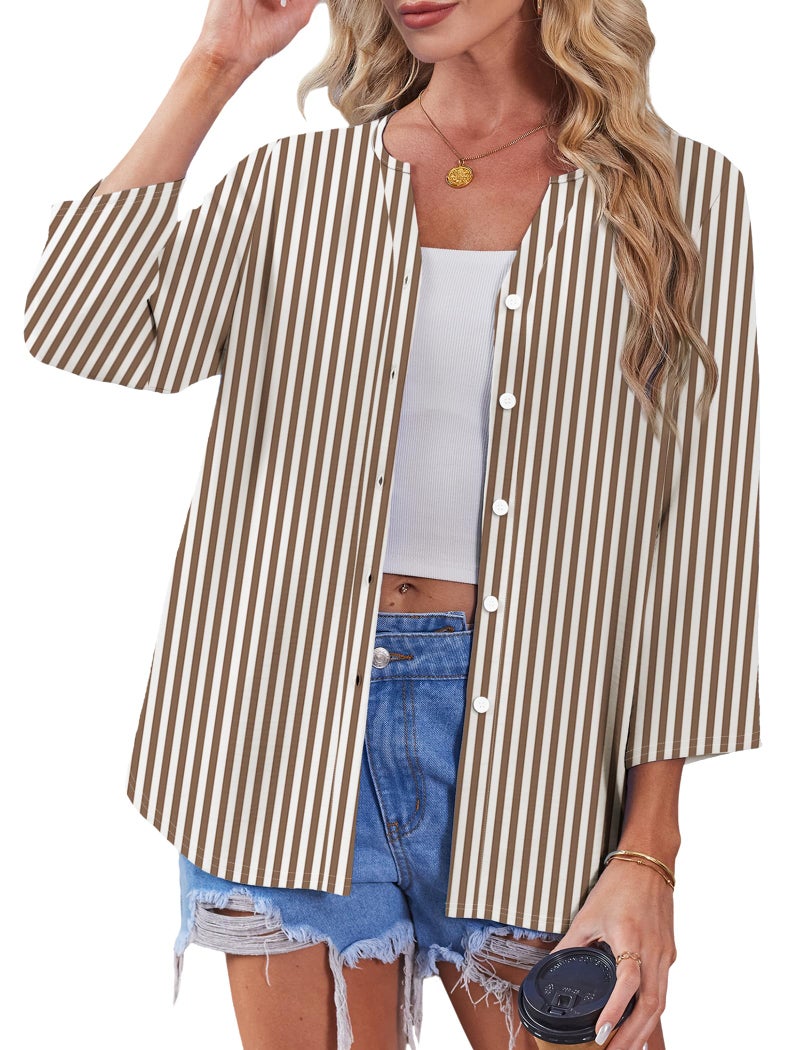 OFEEFAN Shirts for Women Summer Tops 2026 Business Casual Outfits Striped Shirt Women Button Down Shirts Work Shirts 3/4 Length Sleeve Tops Brown XL - Image 4