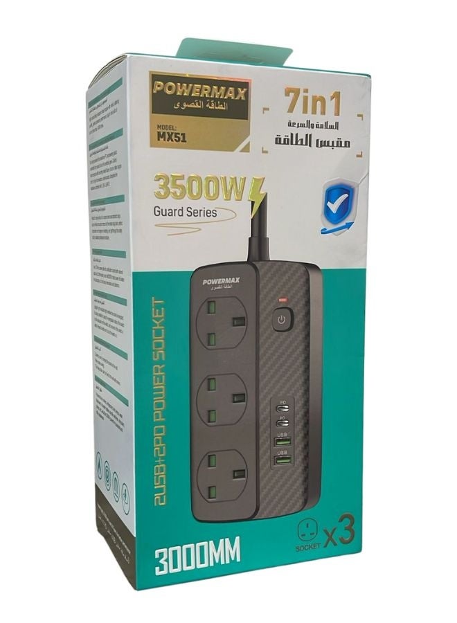 PowerMax 3Meter PowerMax Guard Series 3500W (2USB+2PD) Power Extension Socket | 3 Universal Sockets + Dual USB Fast Charging Ports | 3 Meter Heavy-Duty Cord | Surge & Overload Protection | 7-in-1 Multi-Function Power Strip Best For Home,Office,Kitchen ,Travel And More - Image 2