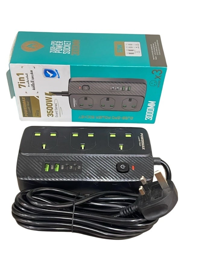 PowerMax 3Meter PowerMax Guard Series 3500W (2USB+2PD) Power Extension Socket | 3 Universal Sockets + Dual USB Fast Charging Ports | 3 Meter Heavy-Duty Cord | Surge & Overload Protection | 7-in-1 Multi-Function Power Strip Best For Home,Office,Kitchen ,Travel And More - Image 3