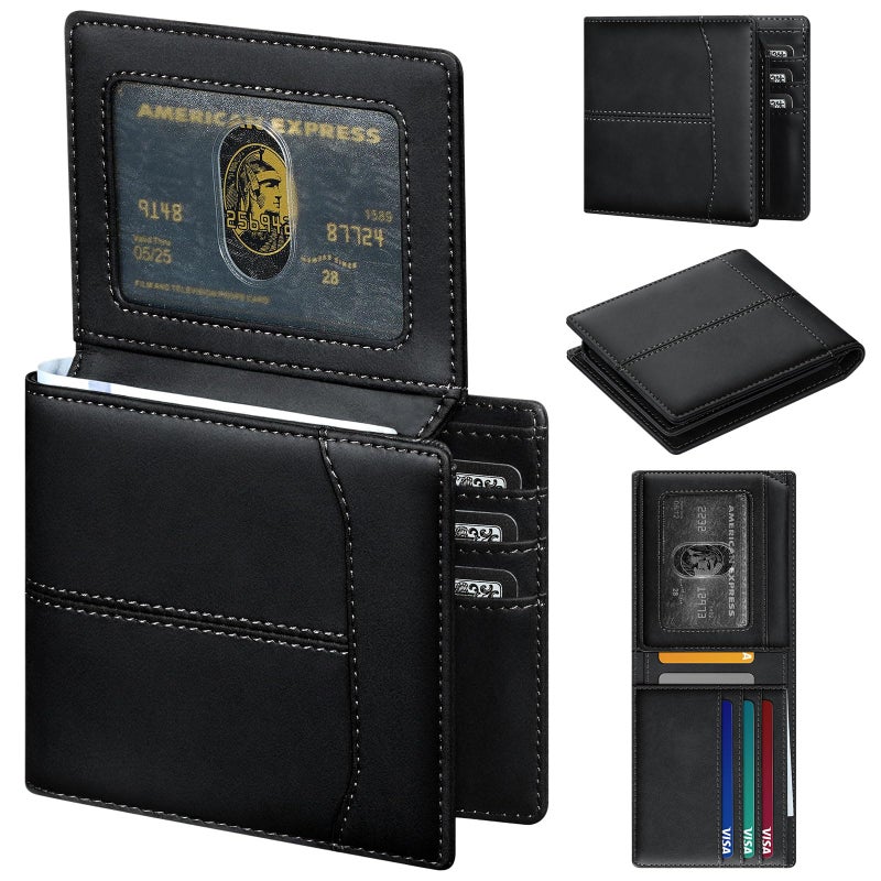 furid Leather Card Wallet For Men Slim: RFID Minimalist Bifold Credit Card Holder with 2 ID Windows - Front Pocket Wallets for Men - Gifts for Husband Father on Anniversary Birthday - Image 1