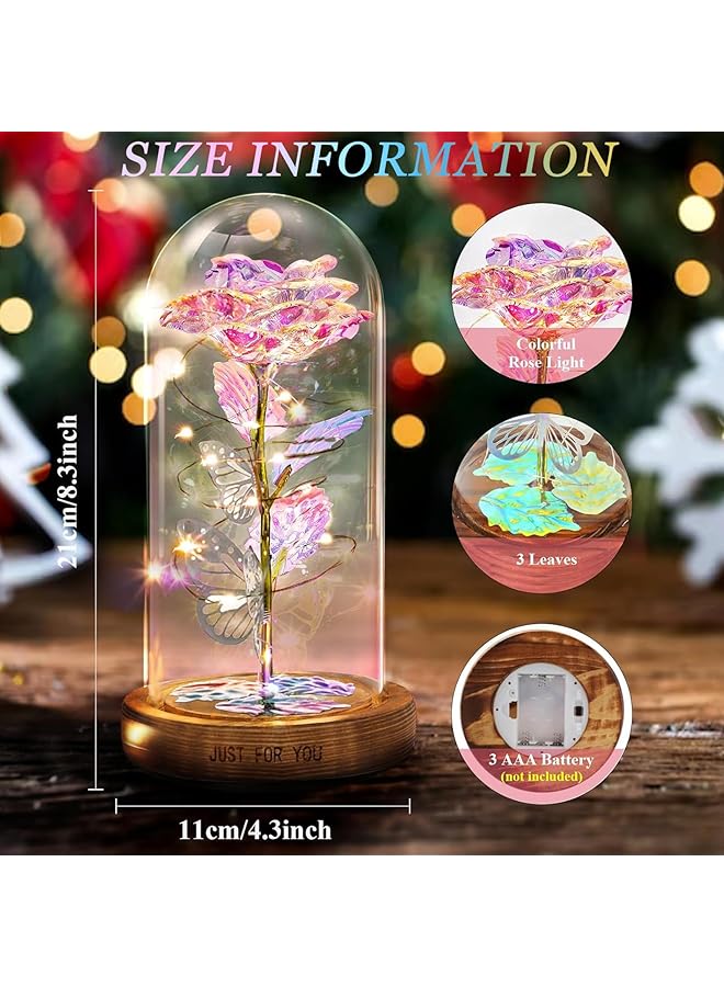DHB tech Colorful Artificial Flower Rose Gift Rose Flower Butterfly In Glass Dome Led Light Forever Rose Birthday Gifts For Women Mom Grandma Wife Unique Gifts For Mother'S Day Colored Warm Lights - Image 2