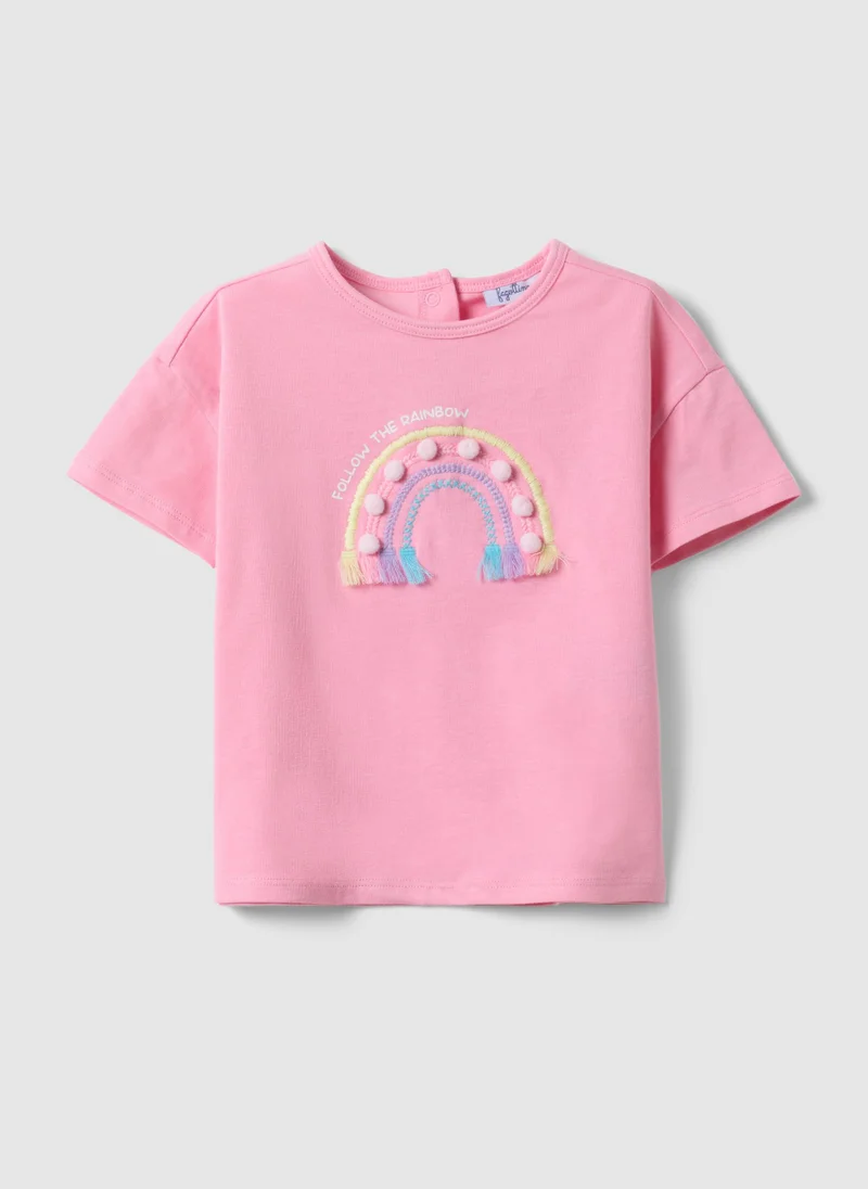 Ovs Ovs Pink Stretchy Cotton Girl'S T-Shirt With Rainbow Embroidery