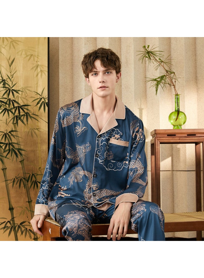 Fenton silky Texture Imitation Silk Spring/autumn Notched Collar Pajama Set For Men - Image 2