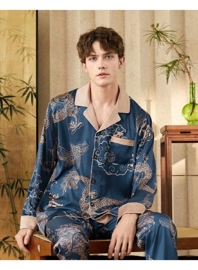 Fenton silky Texture Imitation Silk Spring/autumn Notched Collar Pajama Set For Men - Image 1