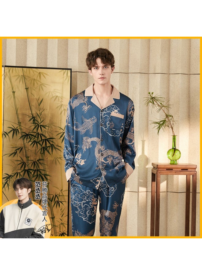 Fenton silky Texture Imitation Silk Spring/autumn Notched Collar Pajama Set For Men - Image 3