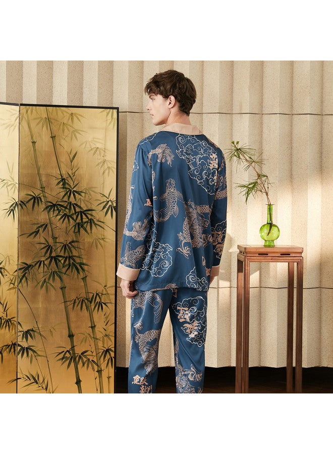Fenton silky Texture Imitation Silk Spring/autumn Notched Collar Pajama Set For Men - Image 4