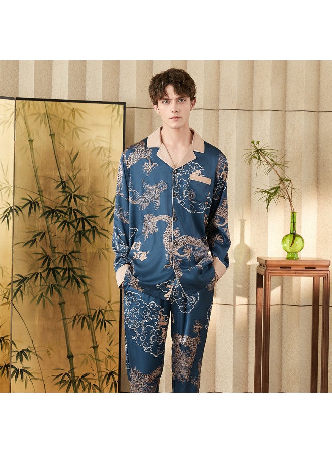 Fenton silky Texture Imitation Silk Spring/autumn Notched Collar Pajama Set For Men - Image 5
