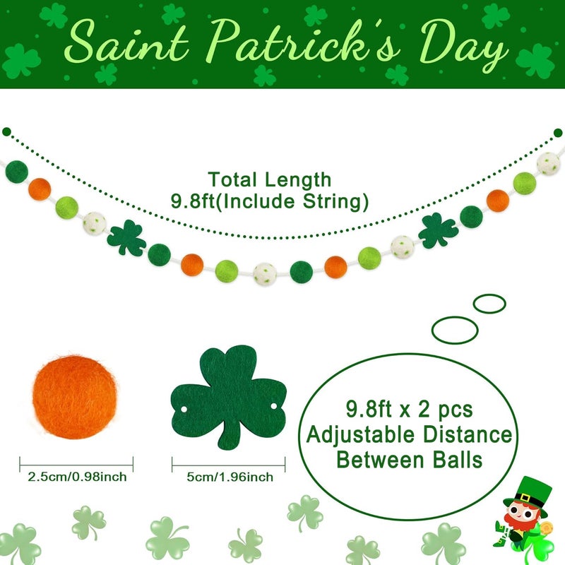 Partyprops 2 Pcs St Patrick's Day Felt Ball Garlands with Shamrock - St. Patrick's Day Decorations - Green Dark Green White Orange Pom Pom Garlands for Home Tree- Irish Party Home Fireplace Mantle Hanging Decor - Image 2
