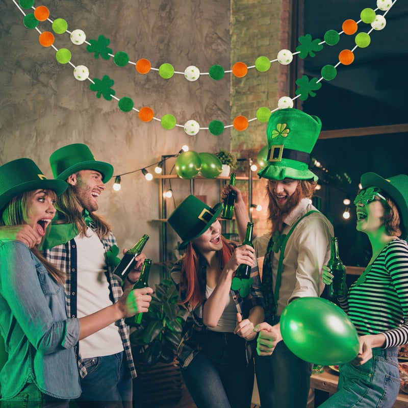 Partyprops 2 Pcs St Patrick's Day Felt Ball Garlands with Shamrock - St. Patrick's Day Decorations - Green Dark Green White Orange Pom Pom Garlands for Home Tree- Irish Party Home Fireplace Mantle Hanging Decor - Image 3