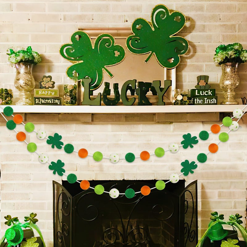Partyprops 2 Pcs St Patrick's Day Felt Ball Garlands with Shamrock - St. Patrick's Day Decorations - Green Dark Green White Orange Pom Pom Garlands for Home Tree- Irish Party Home Fireplace Mantle Hanging Decor - Image 4