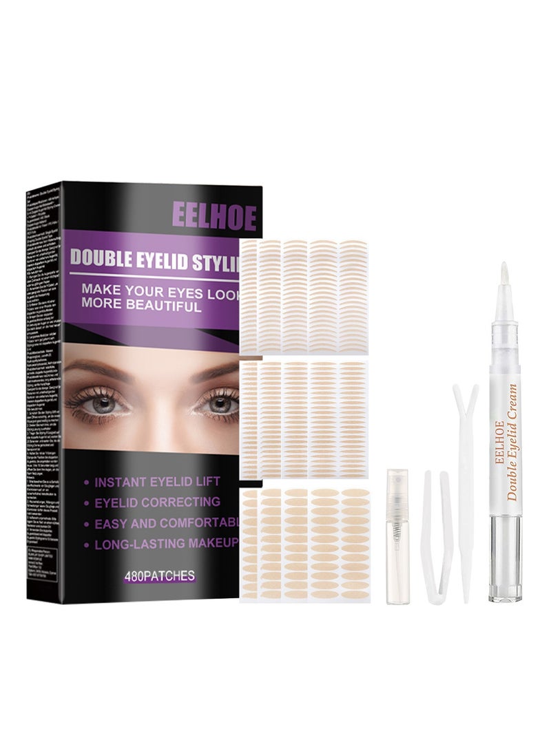EELHOE Double Eyelid Stripes, Ultra Invisible Double Eyelid Tape Stickers, Immediately Enlarge the Eyes, Waterproof Eyelid Tape, Eyelid Sticker Tape with Fork Rods, Tweezers, Pack of 480 - Image 1