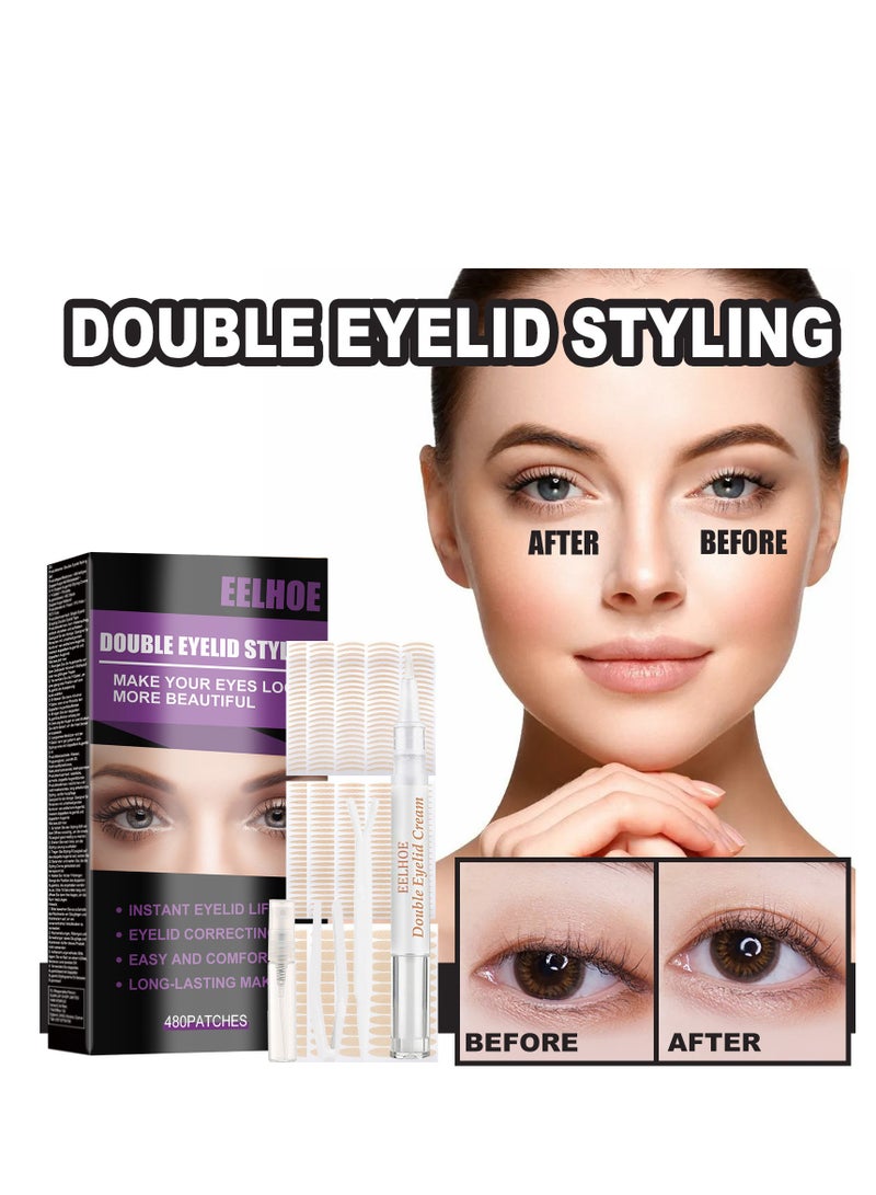 EELHOE Double Eyelid Stripes, Ultra Invisible Double Eyelid Tape Stickers, Immediately Enlarge the Eyes, Waterproof Eyelid Tape, Eyelid Sticker Tape with Fork Rods, Tweezers, Pack of 480 - Image 2
