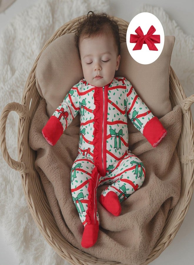 GOOCHEER Newborn Baby Girl Christmas Outfit Bow Print Zipper Footie Romper Ruffle Long Sleeve Bodysuit Jumpsuit Xmas Clothes (Red, Newborn) - Image 2