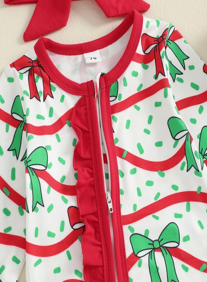 GOOCHEER Newborn Baby Girl Christmas Outfit Bow Print Zipper Footie Romper Ruffle Long Sleeve Bodysuit Jumpsuit Xmas Clothes (Red, Newborn) - Image 4