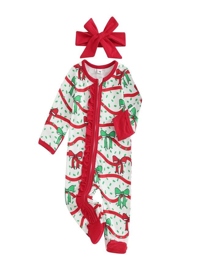 GOOCHEER Newborn Baby Girl Christmas Outfit Bow Print Zipper Footie Romper Ruffle Long Sleeve Bodysuit Jumpsuit Xmas Clothes (Red, Newborn) - Image 1