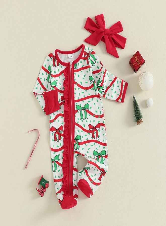 GOOCHEER Newborn Baby Girl Christmas Outfit Bow Print Zipper Footie Romper Ruffle Long Sleeve Bodysuit Jumpsuit Xmas Clothes (Red, Newborn) - Image 3