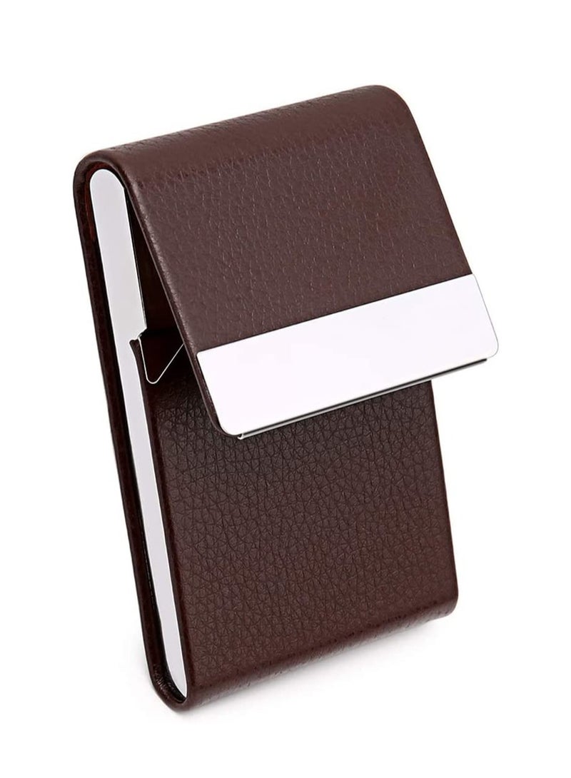 Zikra Business Card Holder Case, Brown Fashion Professional PU Leather Business Card Carrier, Luxury Metal Name Card Holder with Magnetic Shut, Wallet Credit Card ID Case for Men & Women Best Gift - Image 5