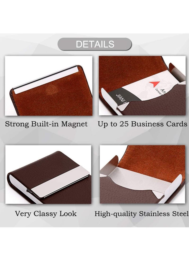 Zikra Business Card Holder Case, Brown Fashion Professional PU Leather Business Card Carrier, Luxury Metal Name Card Holder with Magnetic Shut, Wallet Credit Card ID Case for Men & Women Best Gift - Image 3