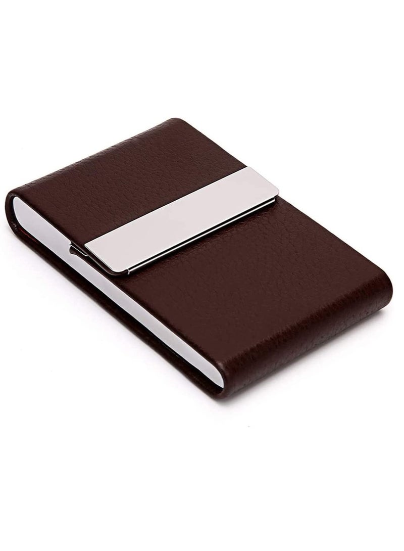 Zikra Business Card Holder Case, Brown Fashion Professional PU Leather Business Card Carrier, Luxury Metal Name Card Holder with Magnetic Shut, Wallet Credit Card ID Case for Men & Women Best Gift - Image 4